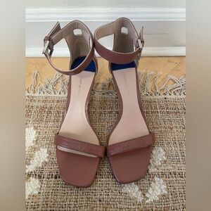 Stuart Weitzman 45S Square Nudist Brown Tan Patent Leather Heels Sandals Size 8